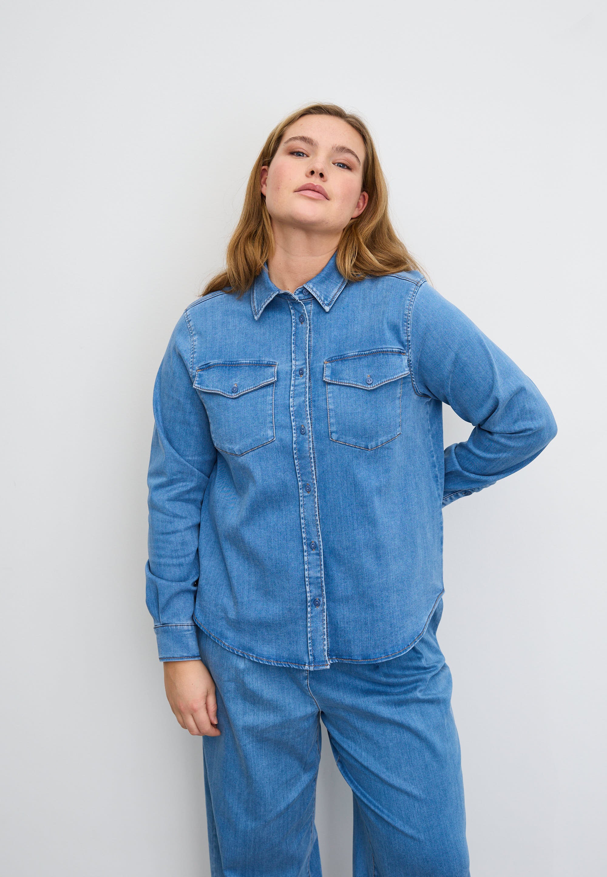 LAURIE Vitta Denim Shirt - Long Sleeve Shirts 44399 Washed Blue Denim